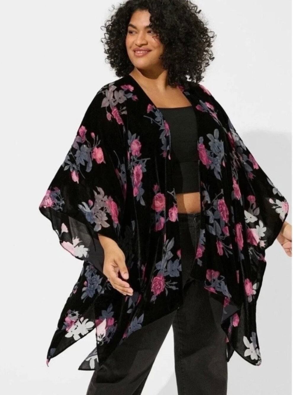 Torrid Velvet Burnout Floral Ruana Duster Black Pink OS Whimsigoth Fairycore